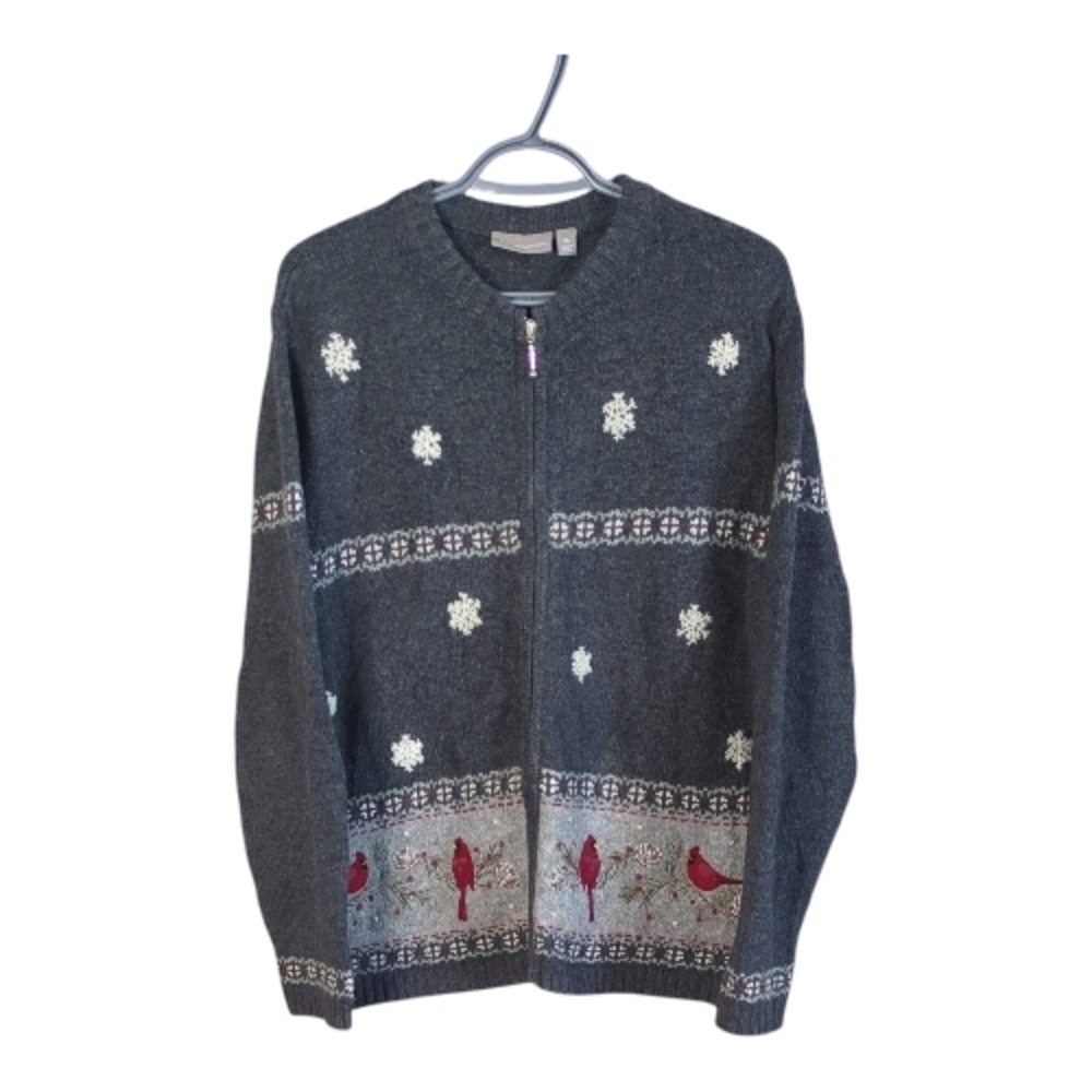 Croft & Barrow Vintage Cardinal Snowflake Zip Up Cardigan Sweater Grey Size XL‎